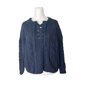 Madewell Small Chunky Sweater Lace Up Dark Blue Merino Wool Thick Boxy